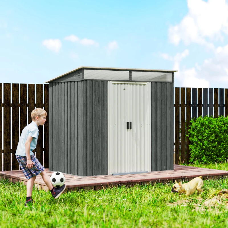 Outsunny Casetta da Giardino con Porte Scorrevoli e Pavimentazione in Acciaio, 195x122x181.5 cm, Grigio Chiaro