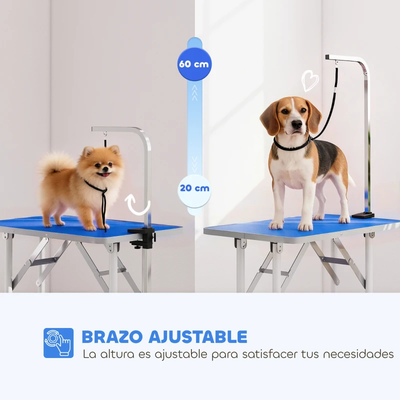 PawHut Mesa de Peluquería Canina Plegable con Encimera Antideslizante Brazo Ajustable 81x48,5x80 cm Azul