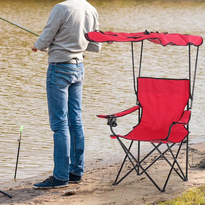 HOMCOM Chaise de Camping Pliable Grand Confort Pare-Soleil + Porte-gobelets intégrés, possibilité d'être portée en Sac à Dos Rouge Noir
