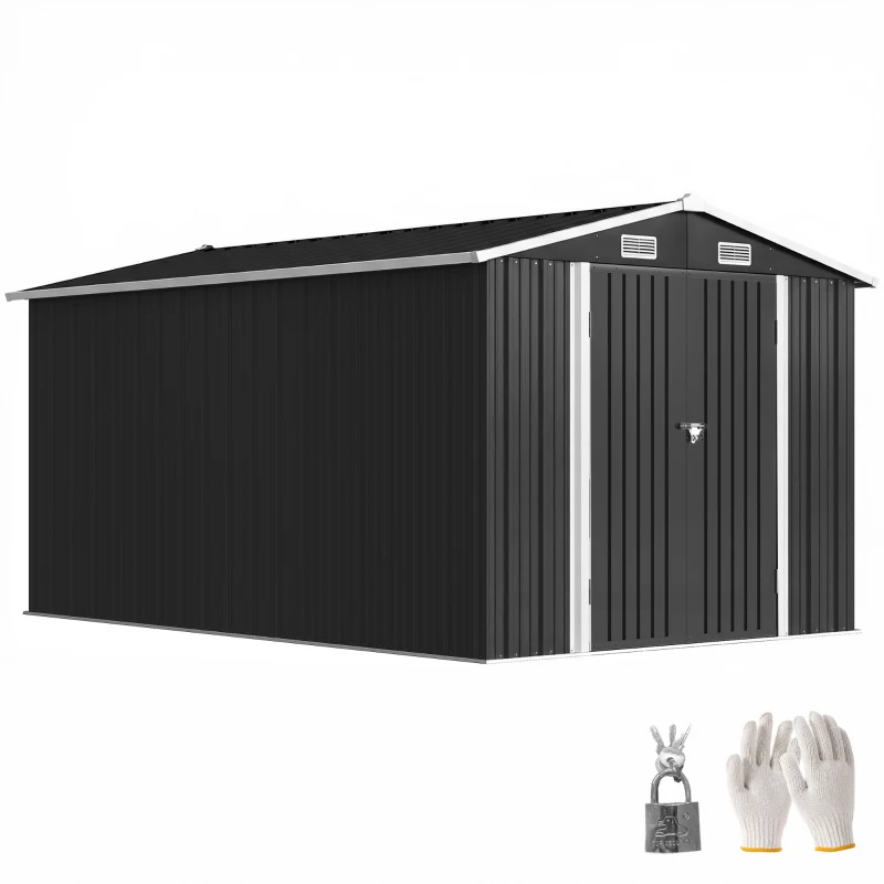 Outsunny 12 x 8 ft Garden Shed, Outdoor Storage Shed with 4 Vents and Lockable Double Doors, Dark Grey