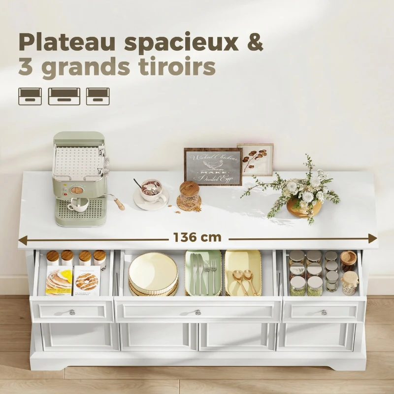 HOMCOM Buffet salon, meuble de rangement avec 3 tiroirs, 4 portes à fermeture douce et étagères réglables, blanc