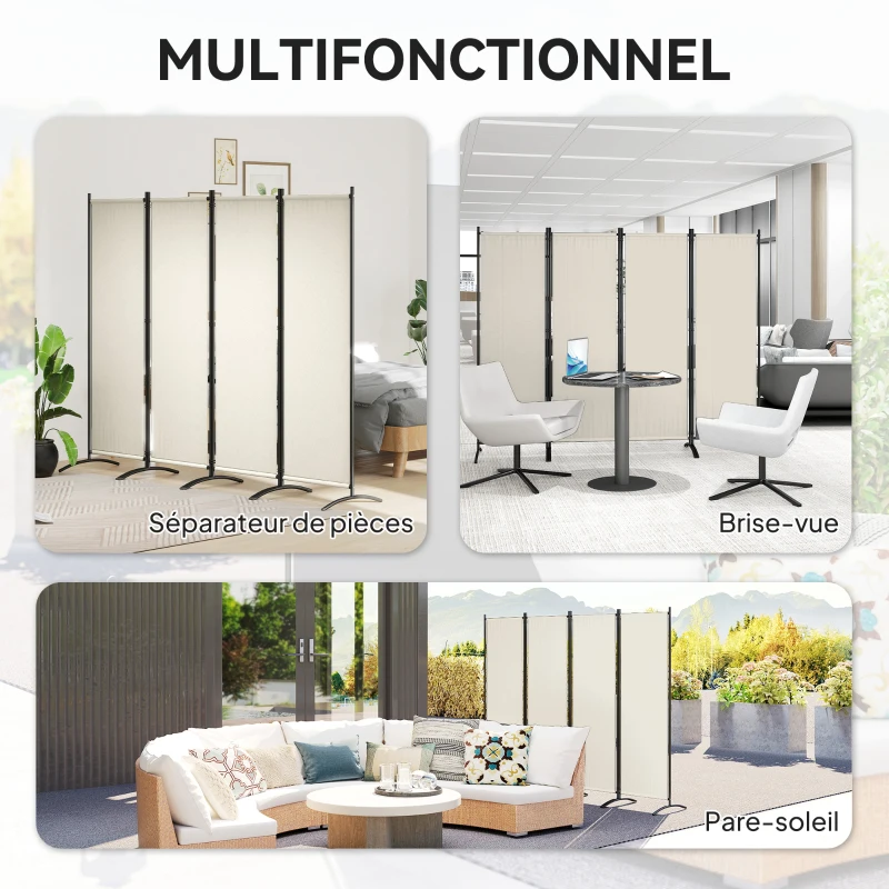 Outsunny Paravent 221 x 172 cm paravent de jardin à 4 panneaux avec pieds larges en tissu polyester de 180 g/m² crème