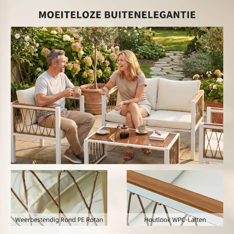 Outsunny Tuinmeubelset 4-delig polyrattan loungeset met tweezitsbank, 2 stoelen, glazen tafel, afneembare kussens en antislipmatten