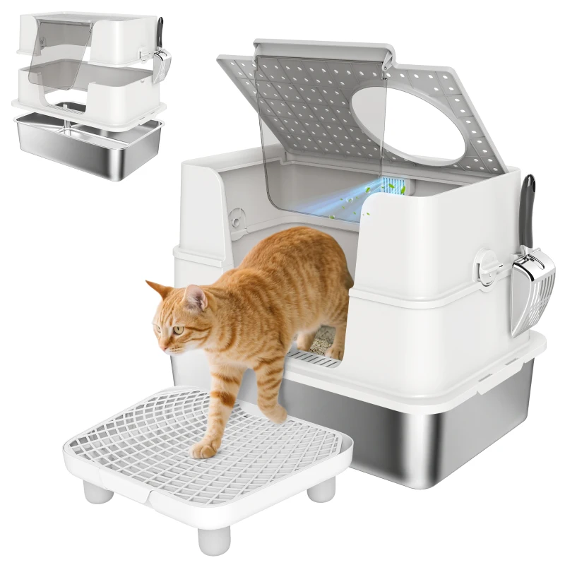 PawHut Bac à Litière XL en Acier Inoxydable pour Grand Chat, Couvercle Pivotant 100°, Pelle, 60,2x40,2x44,5cm, Gris Clair