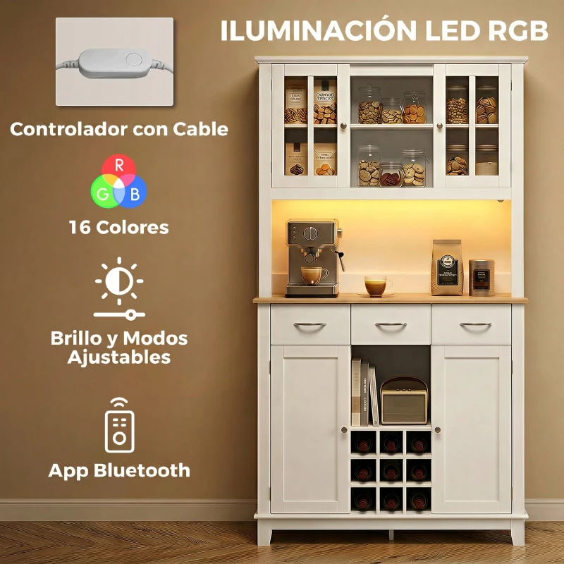 HOMCOM Alacena de Cocina con Iluminación LED Control por APP Encimera para Microondas Botellero Puertas de Vidrio Blanco