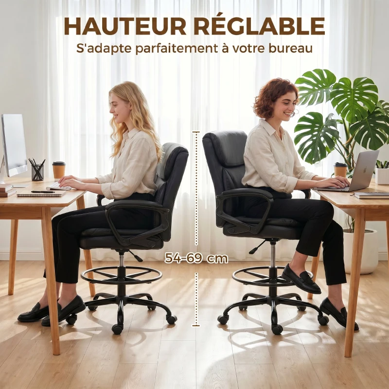 HOMCOM Chaise bureau ergonomique, chaise de dessin réglable en hauteur, repose-pieds réglable, 61 x 61 x 108 cm, noir