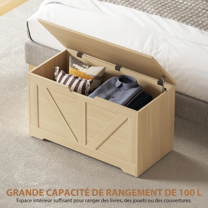 HOMCOM Coffre de rangement, banc de rangement avec couvercle rabattable et charnières de sécurité, 80 x 40 x 45 cm, bois naturel