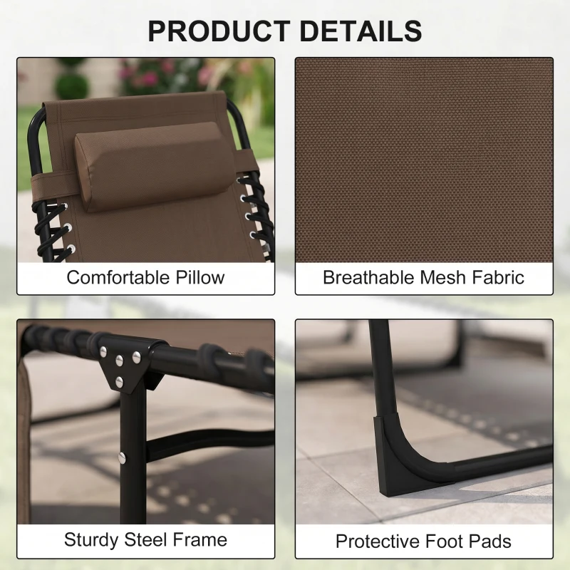 Outsunny Leżak składany z poduszką pod szyję, stalowy stelaż, siateczkowe obicie, udźwig 120 kg, brązowy