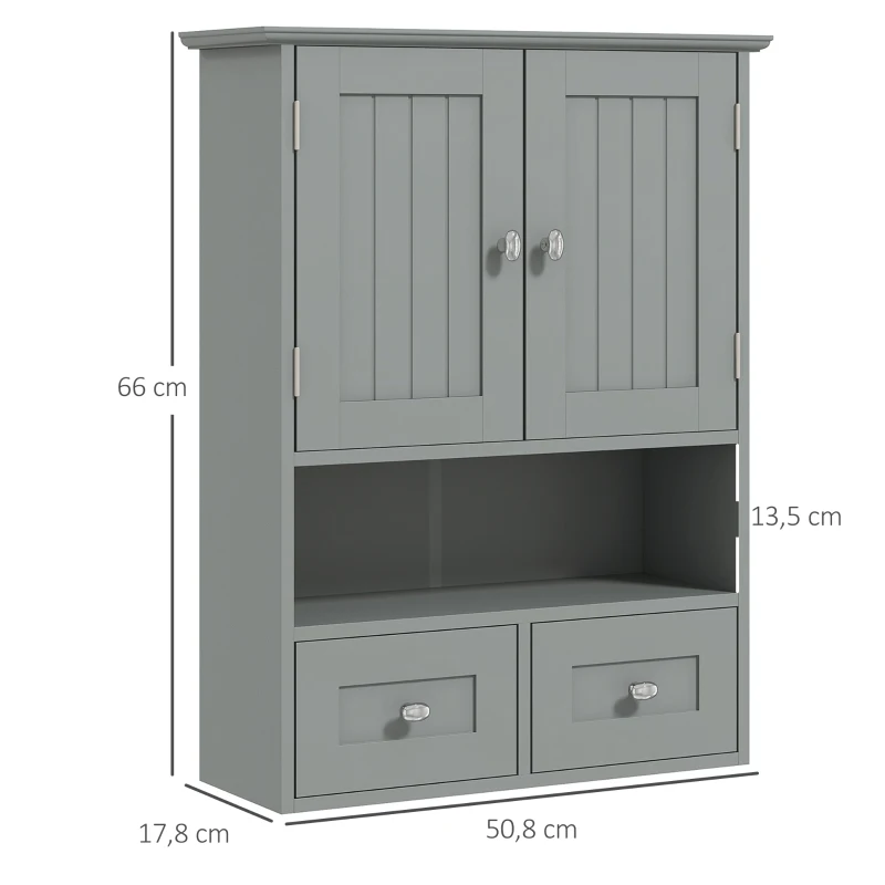 kleankin Armoire murale de salle de bain, armoire de toilette, avec portes, étagère, 2 tiroirs, 50,8l x 17,8P x 66H cm, gris