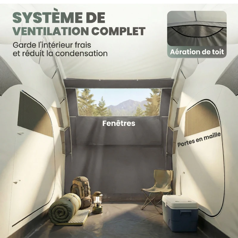 Outsunny Tente Gonflable Camping 2-4 Personnes avec Pompe 2 Chambres et Séjour Imperméable 3000mm 485x245x188cm Gris