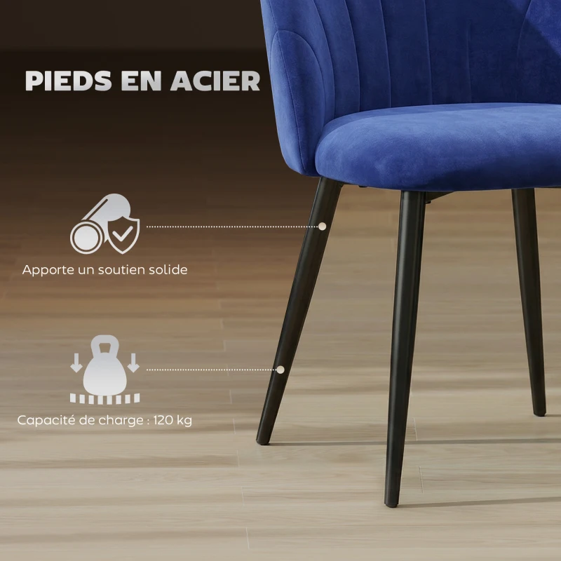 HOMCOM Lot de 2 chaises de salle à manger, chaises de cuisine rembourrées sans accoudoirs, pieds en acier, 52x55x79cm, bleu