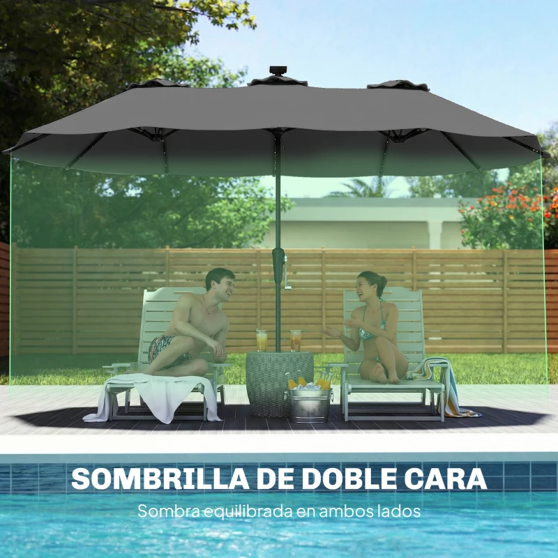 Outsunny Sombrilla Doble de Jardín 4x2 m con 36 Luces LED UPF50+ Manivela 12 Varillas  Resistente al Agua Gris Oscuro
