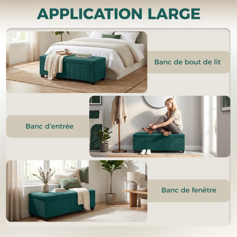 HOMCOM Banc de rangement bout de lit en velours côtelé avec couvercle, pour salon, chambre, entrée, 112 x 42 x 40 cm, vert
