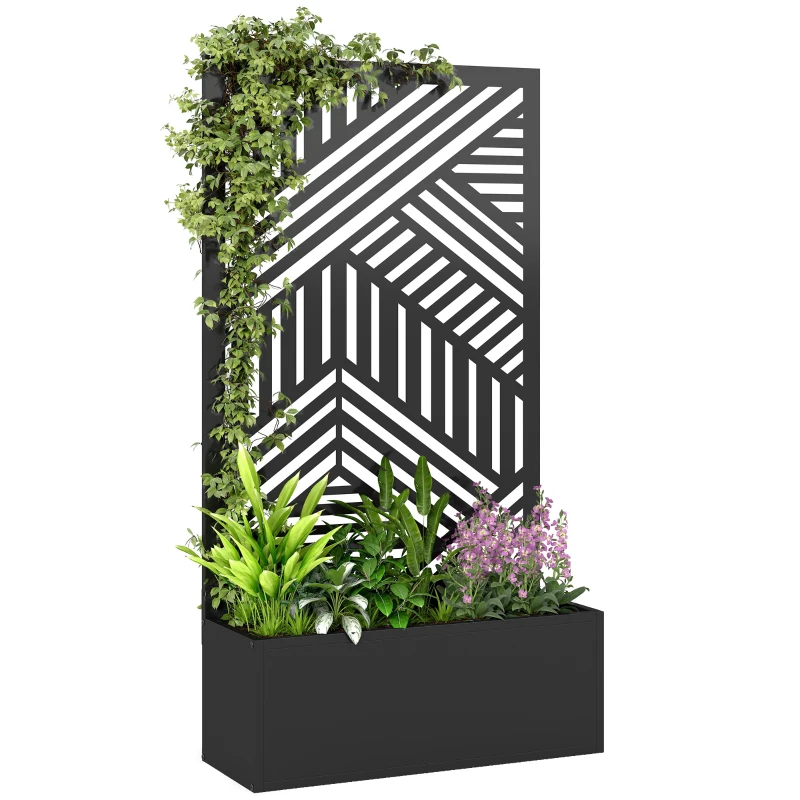 Outsunny Metal Garden Bed for Garden with Trellis, Raised Garden Bed with Privacy Screen, Geometric Slatted Cut-Out