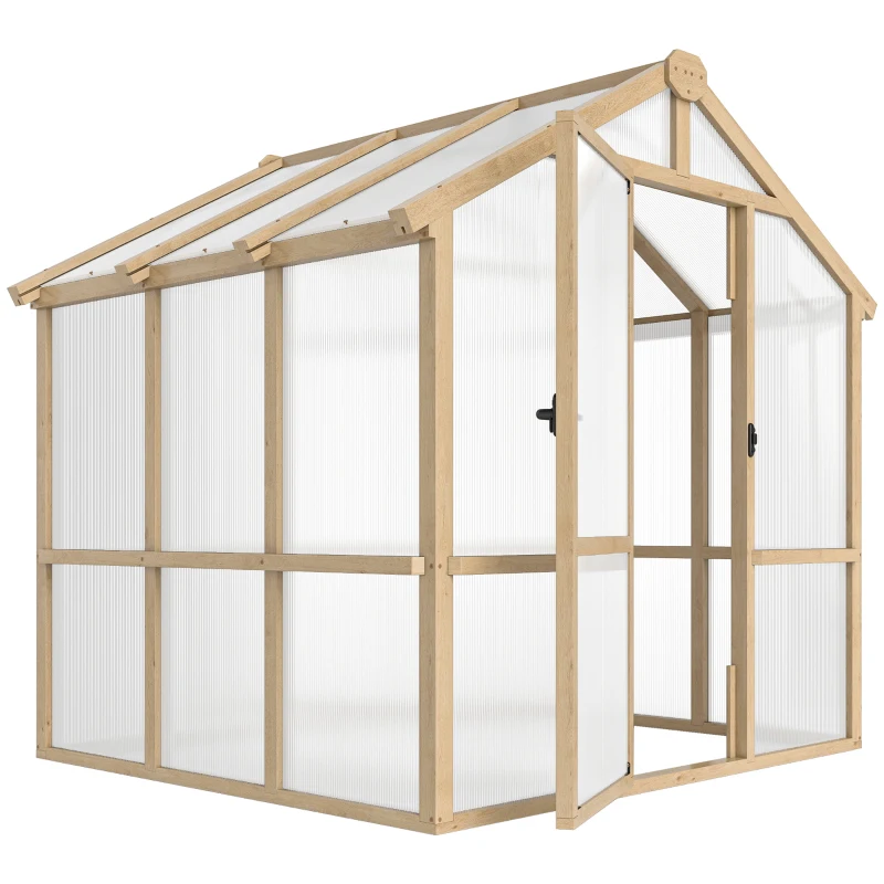 Outsunny 6.6 x 6ft Polycarbonate Greenhouse, Walk-in Wooden Greenhouse with Lockable Door and Window, Garden Plants Grow House, Brown