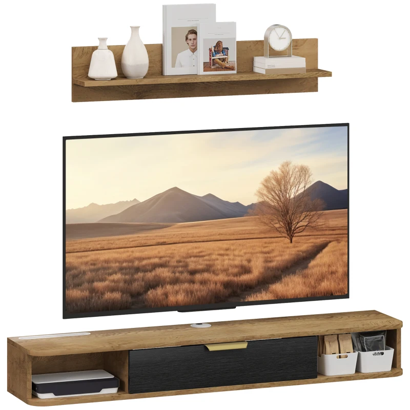 HOMCOM Conjunto de Muebles de Salón Muebles de TV con Estante de Pared Compartimentos Orificios para Cables 120x24x16 cm Roble