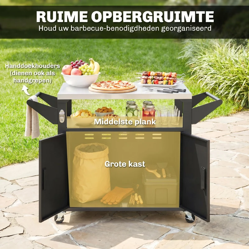 Outsunny Keukenwagen met wielen, serveerwagen, rolwagen met kast, handgrepen, roestvrijstalen werkblad 117 x 55 x 78 cm zwart