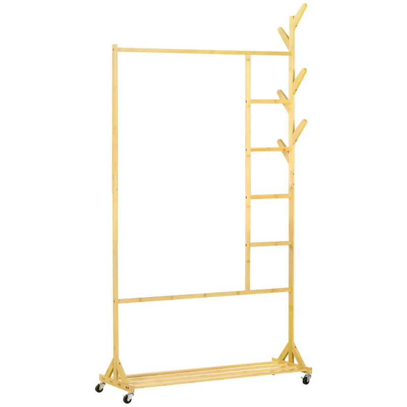HOMCOM Garderobe aus Bambus, Kleiderhaken, Kleiderstange, Hosenständer, 1 Ablage, 4 Rollen, Natur