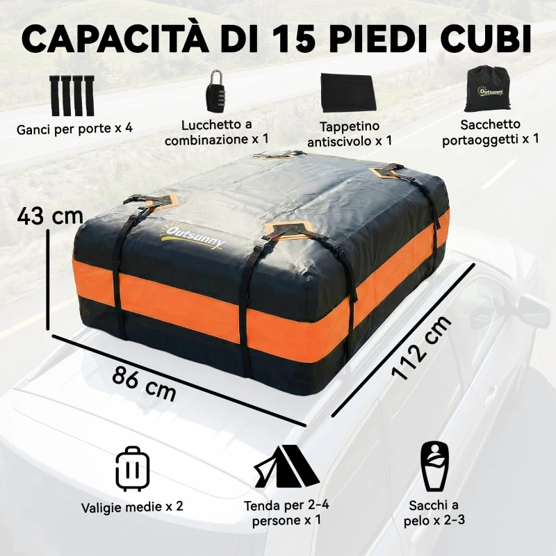 Outsunny Portabagagli da Tetto Impermeabile, 425 Litri, Arancione