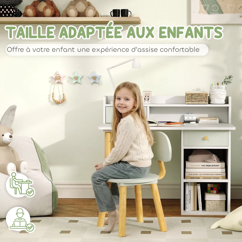 AIYAPLAY Bureau enfant avec chaise, table enfant et chaise avec 2 tiroirs et étagères ouvertes, 85 x 48 x 73 cm, vert