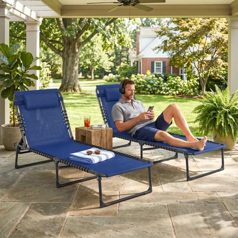Outsunny Set of Two Folding Sun Loungers, with Four-Position Backs - Blue