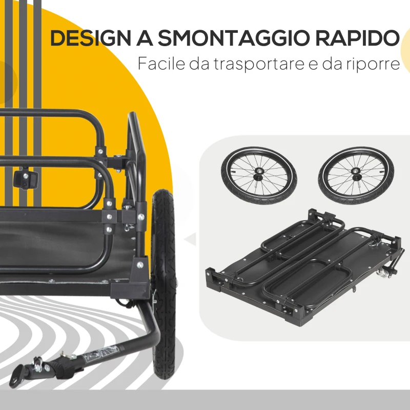 HOMCOM Carrello Bici da 70L con 2 Ruote da 16", 2 Catarifrangenti e Bandierina, in Acciaio e PE, 125x64x53.5 cm, Nero