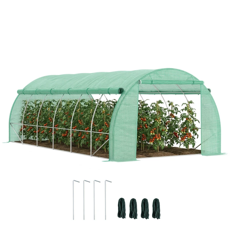Outsunny Serre de jardin serre tunnel 18 m² avec porte, parois latérales enroulables 12 fenêtres acier PE  4 x 3 x 2 m vert