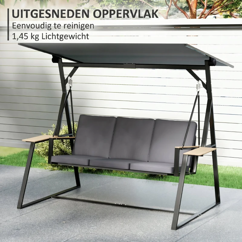 Outsunny 3-persoons tuinschommel met verstelbaar dak, kussens en drankhouders, 360 kg draagkracht, Grijs