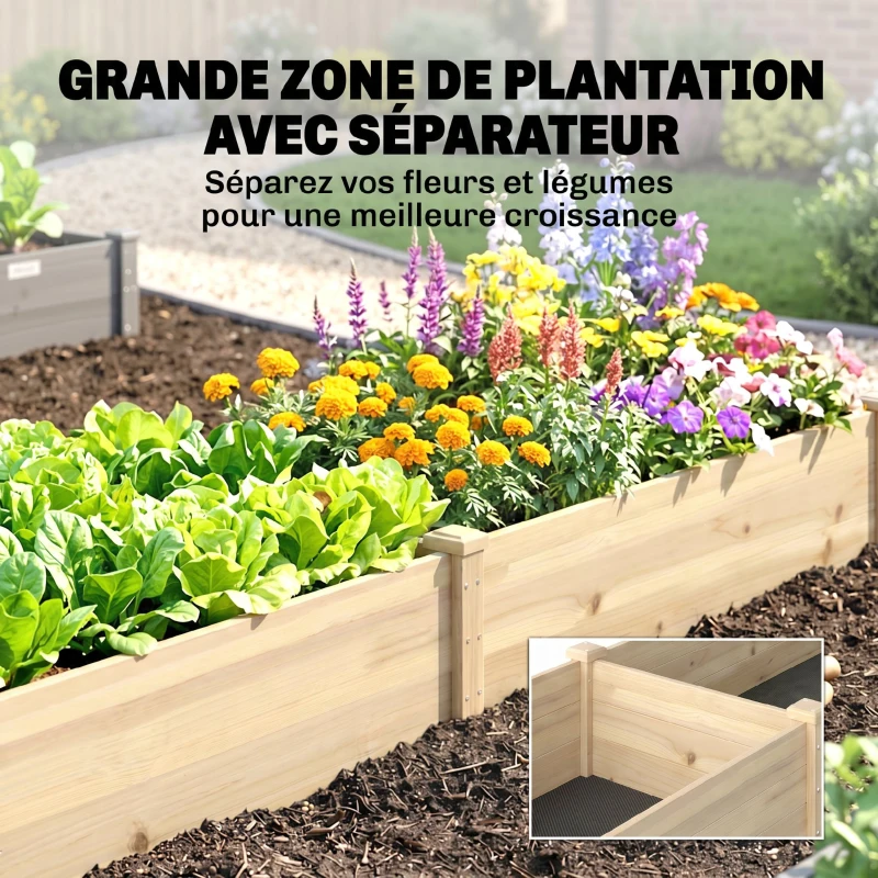 Outsunny Carré Potager de Jardin dim. 244 x 61,5 x 27 cm Feutre de Drainage, séparation Inclus Bois de Sapin