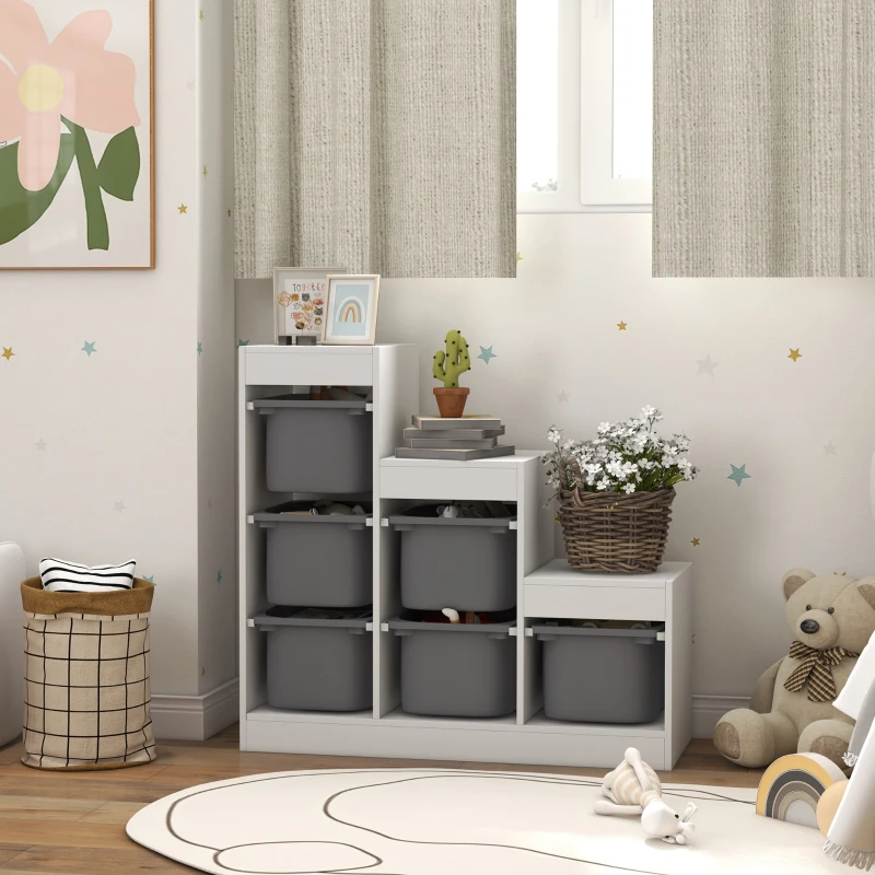 AIYAPLAY Meuble de rangement pour jouets des enfants avec 6 bacs amovibles, 3 niveaux de rangement, 96 x 38,5 x 90, gris