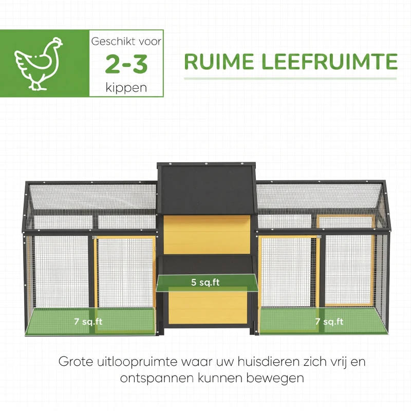 PawHut Kippenhok Kleindierenhok 2 Buitenrennen, 1 Legnest, 2 Hellingen, Asfaltdak, Weerbestendig, Geel