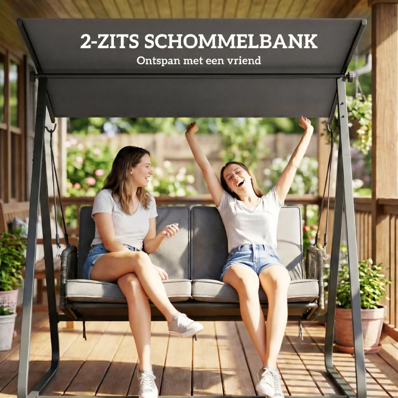 Outsunny Hollywoodschommel Rattan 2-Persoons Tuinschommel met Verstelbaar Zonnescherm en Zachte Kussens, A-Frame
