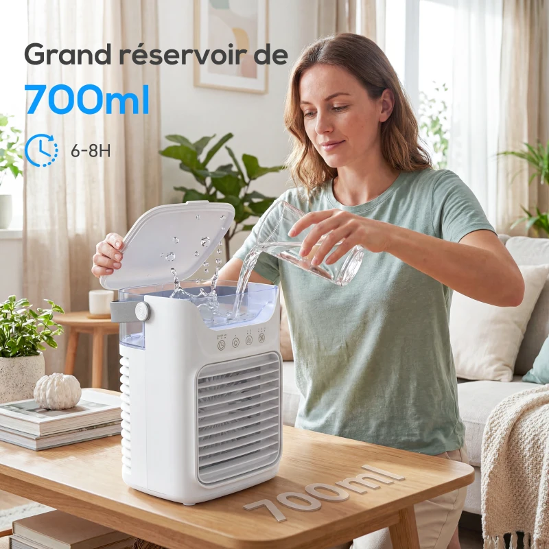 HOMCOM Climatiseur portable, mini rafraîchisseur d'air 4 en 1, 3 vitesses, 2 modes brumisation, éclairage LED RGB 7 LED, blanc
