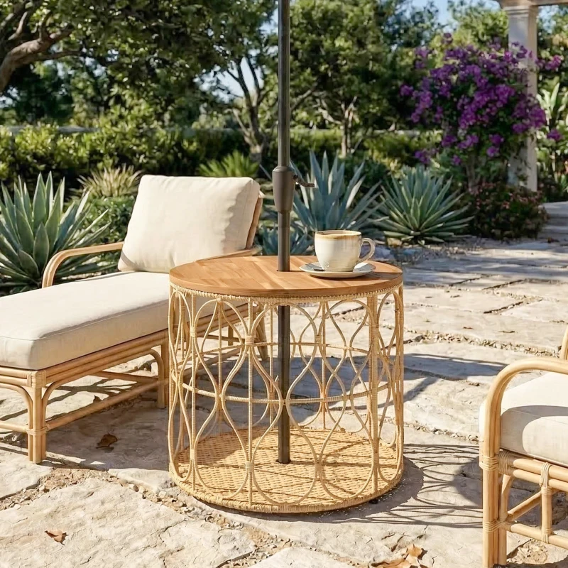 Outsunny Bijzettafel Ø50 cm weerbestendig Tuintafel met rotanlook Acaciahouten tafelblad verstelbare voetjes Teak