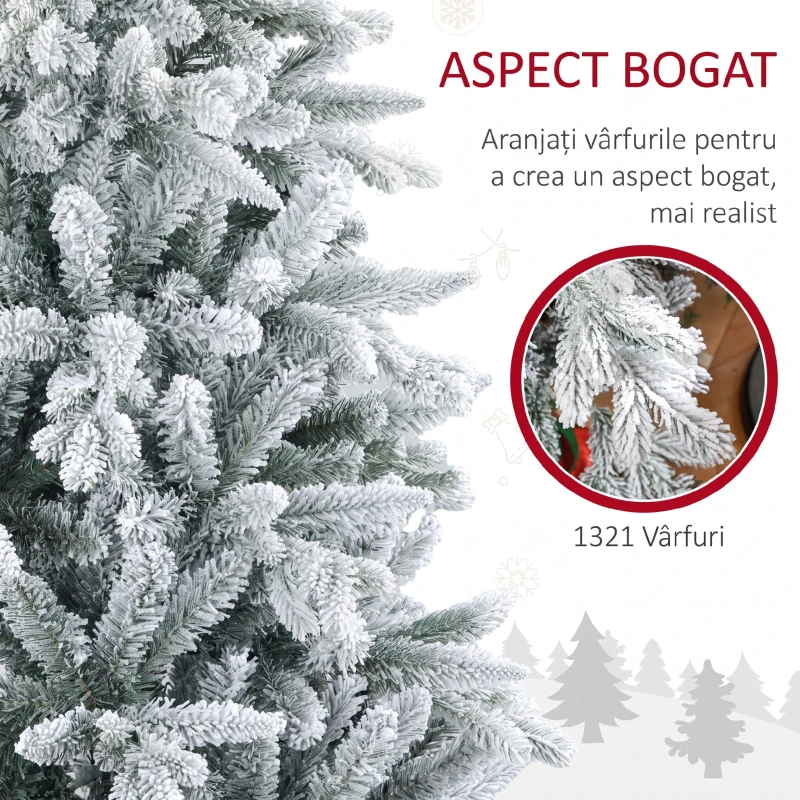 HOMCOM Pom de Crăciun Înzăpezit cu 1321 de Ramuri Ignifuge, din Plastic și Metal, Ø115x180 cm, Verde