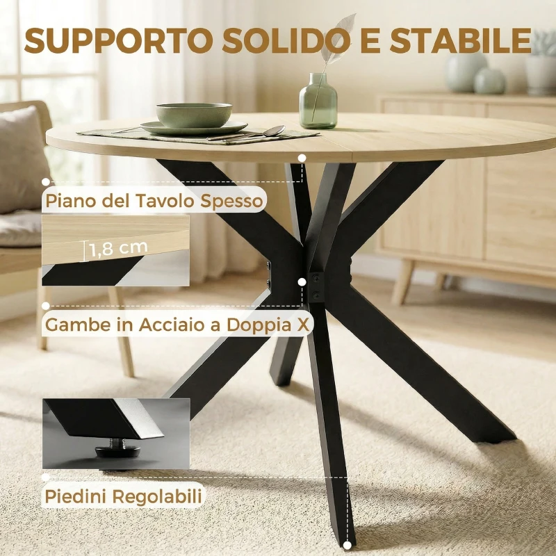 HOMCOM Tavolo Pieghevole per 2-6 Persone, Telaio in Acciaio a Doppia X, Finitura Naturale