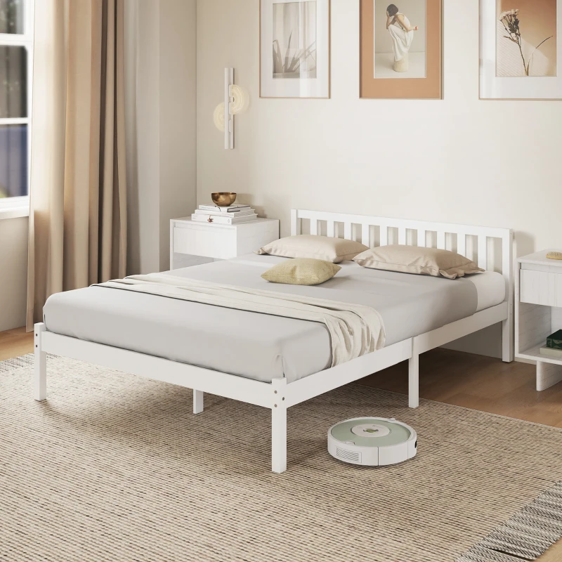 HOMCOM Cadre de lit en bois massif 140x190 cm lit simple avec tête de lit et sommier à lattes solide pour enfants adultes