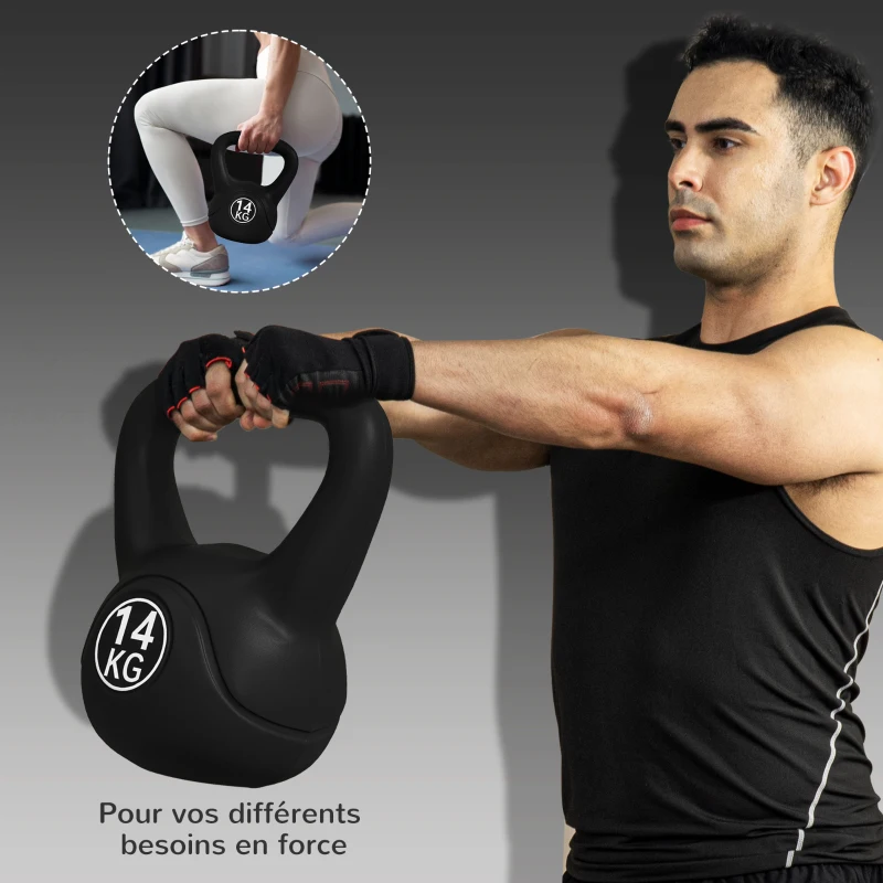 HOMCOM Kettlebell 14 kg, haltère avec poignée ergonomique, haltère à boule, musculation, entraînement, 27 x 21 x 31 cm noir