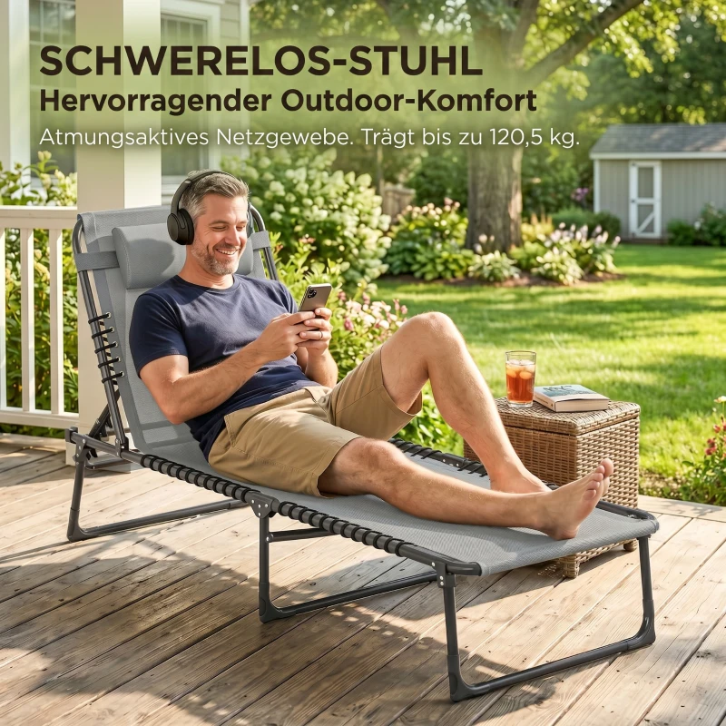 Outsunny Bain de Soleil transat Pliable Dossier inclinable Multi-Positions Acier thermoplastique Lacets élastiques Noir textilène Gris