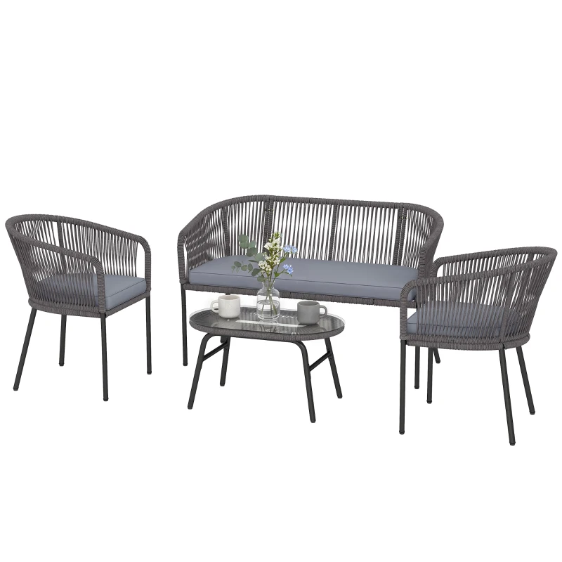 Outsunny 4 Piece Garden Furniture Set, Rope Garden Sofa Set with 1 Loveseat 2 Chairs Tempered Glass Table Cushions, Dark Grey