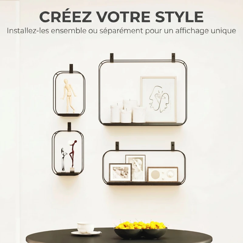 HOMCOM Lot de 4 étagères murales industrielles, étagères flottantes géométriques en métal, pour salon, chambre et bureau, noir