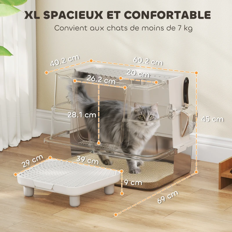 PawHut Bac à Litière XL en Acier Inoxydable pour Grand Chat, Couvercle Pivotant 100°, Pelle, 60,2x40,2x44,5cm, Gris Clair