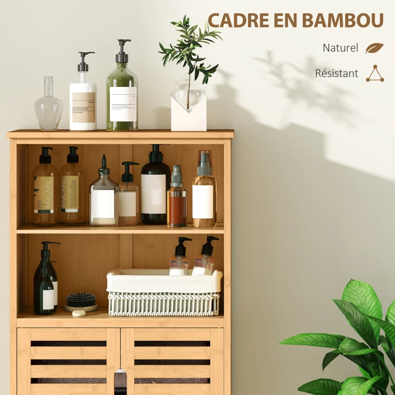 kleankin Meuble de rangement salle de bain en bambou avec 2 portes ajourées et 2 compartiments 50 x 29 x 92 cm naturel