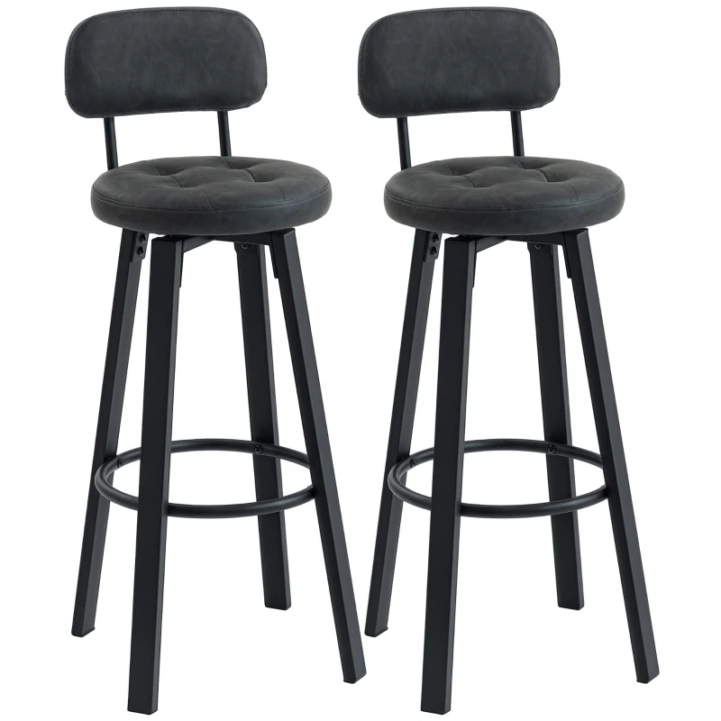 HOMCOM Juego de 2 Taburetes Altos de Cocina Giratorios Tapizados de PU con Respaldo Marco de Metal Reposapiés Gris Oscuro