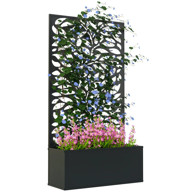 Outsunny Outdoor Metal Planter, with Back Trellis - Black