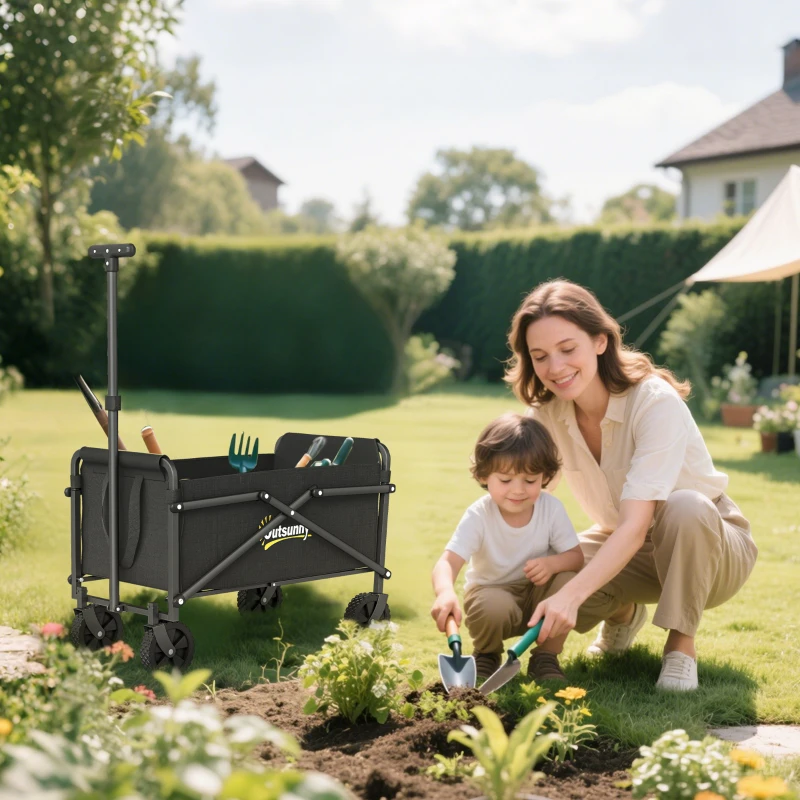 Outsunny Chariot de jardin chariot de transport à roulettes avec poignée réglable, avec sacs de transport 64 x 40 x 60-84 cm noir