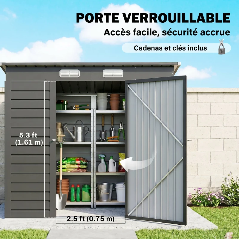 Outsunny Abri de jardin 2,3m² - pour Outils - cabanon Porte verrouillable - dim. 191L x 130P x 166,5-183H cm - acier
