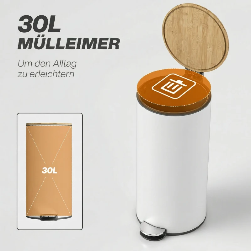 HOMCOM Poubelle cuisine 30L, poubelle à pédale avec seau intérieur amovible, couvercle à fermeture douce, 36x30x60,5cm, blanc