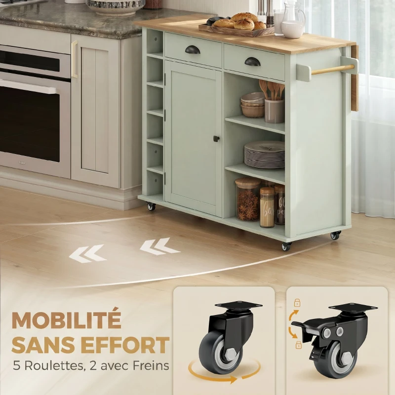 HOMCOM Îlot central cuisine avec plateau pliant, desserte de cuisine sur roulettes avec 2 tiroirs, porte-serviettes, vert