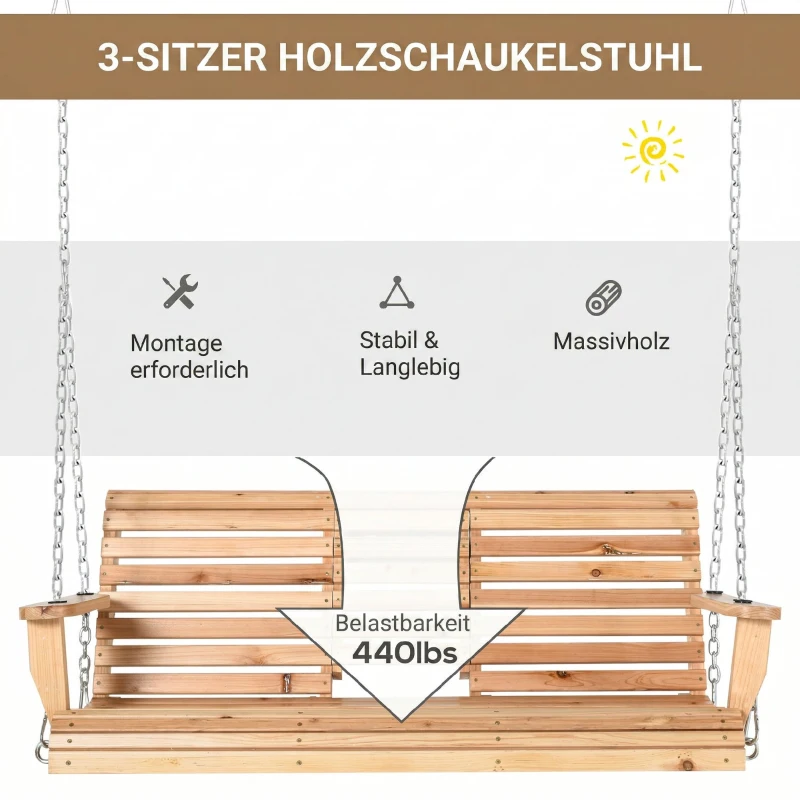 Outsunny Hängebank mit Klapptisch und Becherhaltern Naturholz 150 x 75 x 53cm